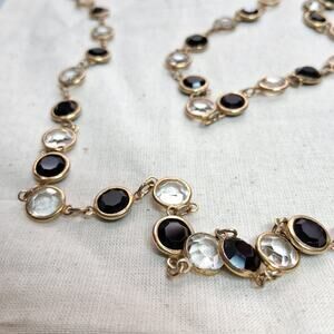 Vintage Austrian Crystal Bezel Necklace Black & Clear Gold Tone 34” Fancy